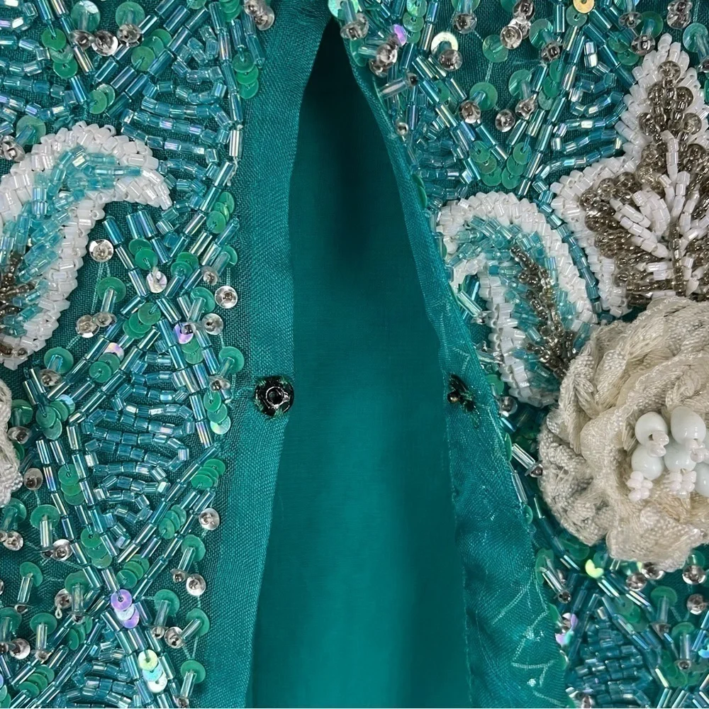 VINTAGE RICHILENE 70S SILK CHIFFON BEAD EMBELLISHED AQUA FORMAL EVENING GOWN - Picture 15 of 16